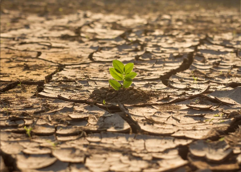 A small green seedling growing in cracked, dry soil